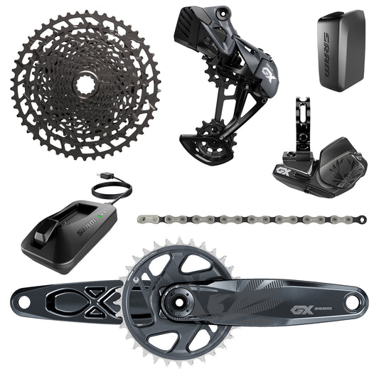 SRAM GX EAGLE AXS DUB GROUPSET - 11-50T - INCLUDES: REAR DER & BATTERY, TRIGGER SHIFTER WCLAMP, CRANKSET DUB 12S 170/175 BOOST WDM 32T XSYNC2 CHAINRING, GX EAGLE CHAIN, CASSETTE PG-1230 11-50T, CHARGER/CORD, CHAINGAP GAUGE